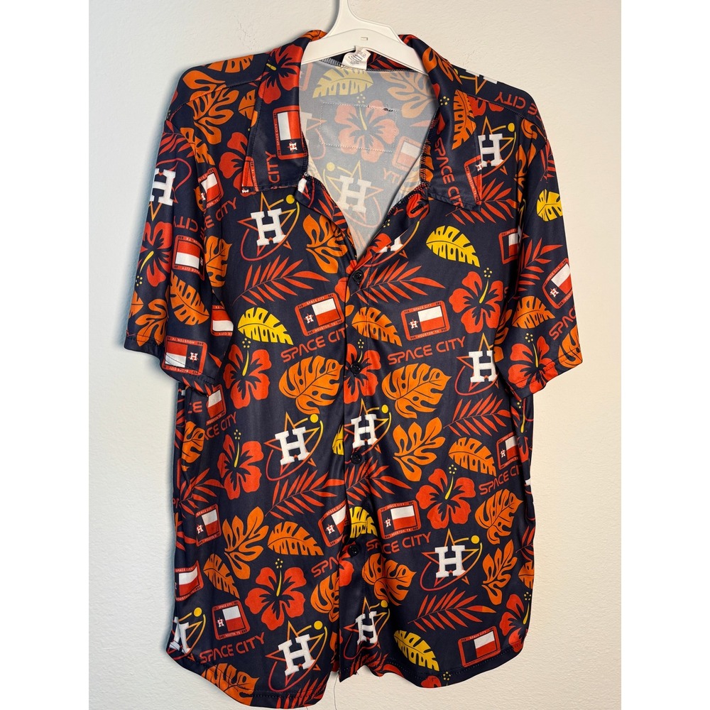 Houston Astros Space City Hawaiian Shirt Mens XL Blue Orange Chevy Dealers MLB